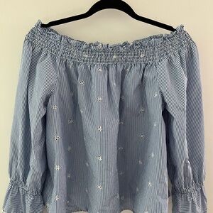 Cotton loose fit off or on shoulder striped shirt with delicate lace flowers